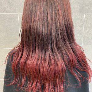 肩にかかる辺りから肩甲骨にかけての部分が赤色になっているヘアスタイル