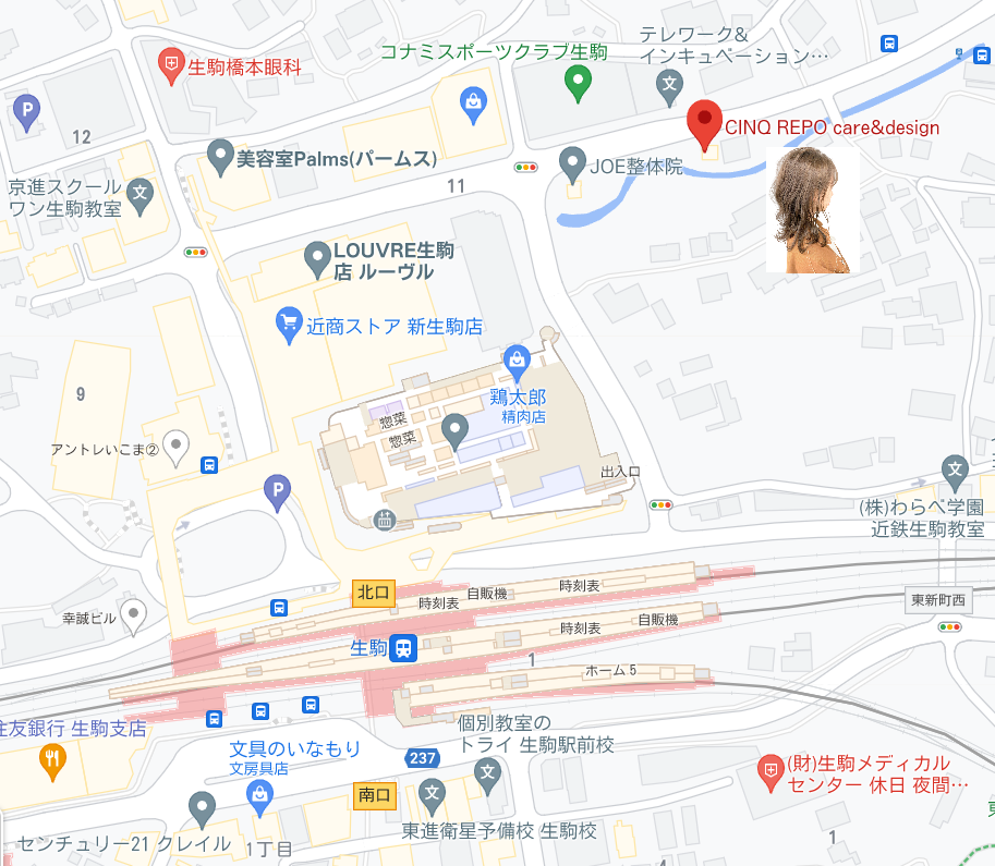 奈良県生駒市谷田町にあるCINQ REPO care&designまでの平面地図