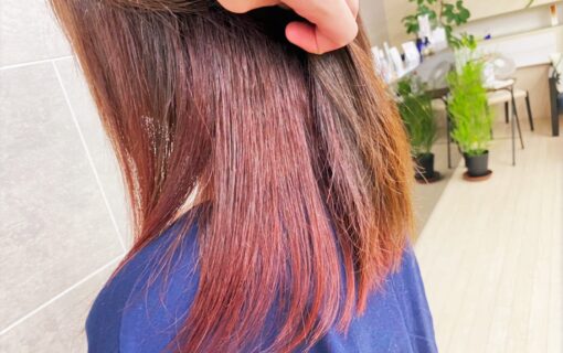 肩甲骨にかかる長さの表面が茶色で中が朱色のヘアスタイル
